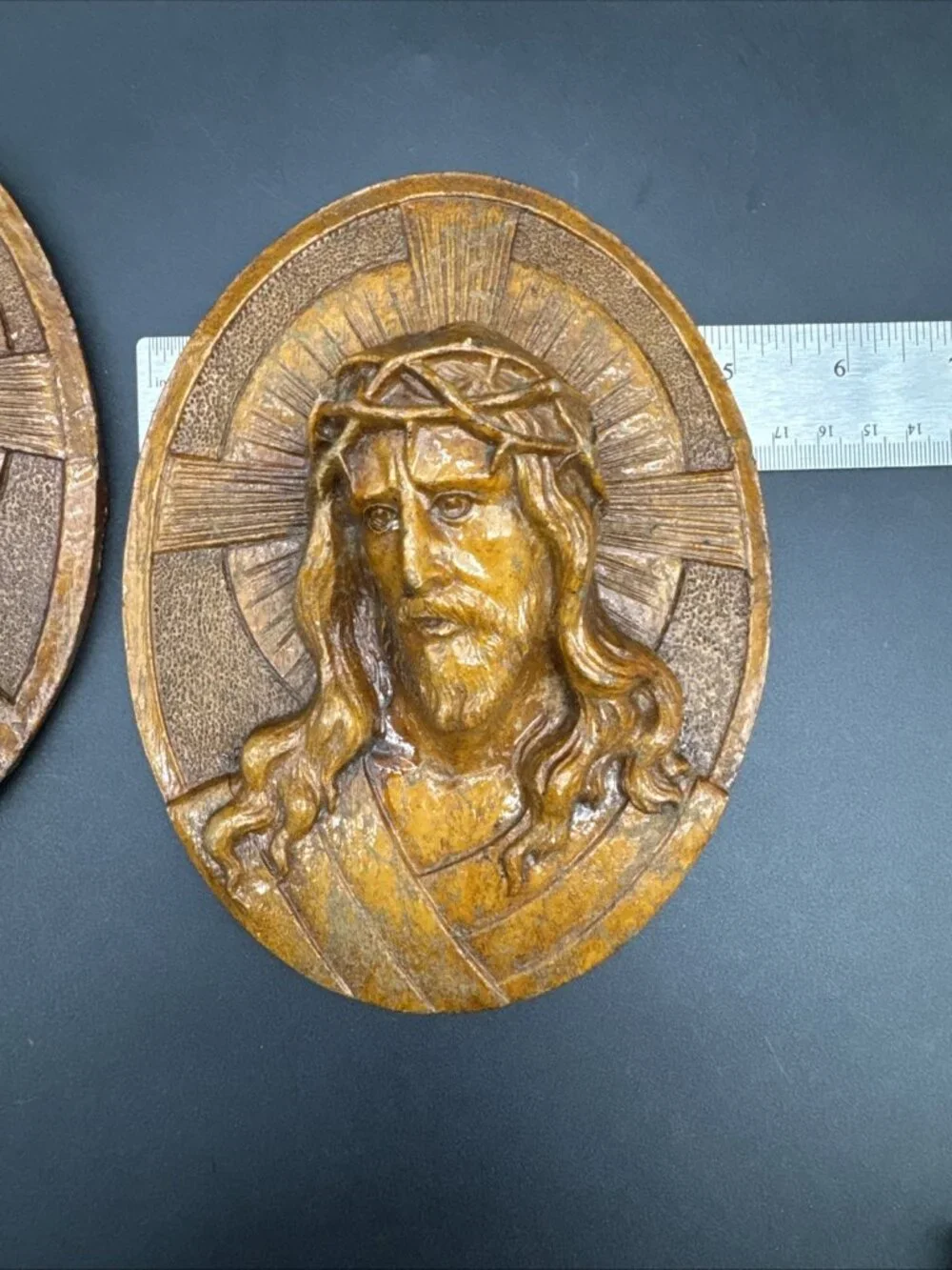 Vintage MCM Genuine Burwood 3D Jesus Mary Religous Gallery Wall Plaque Set Oval